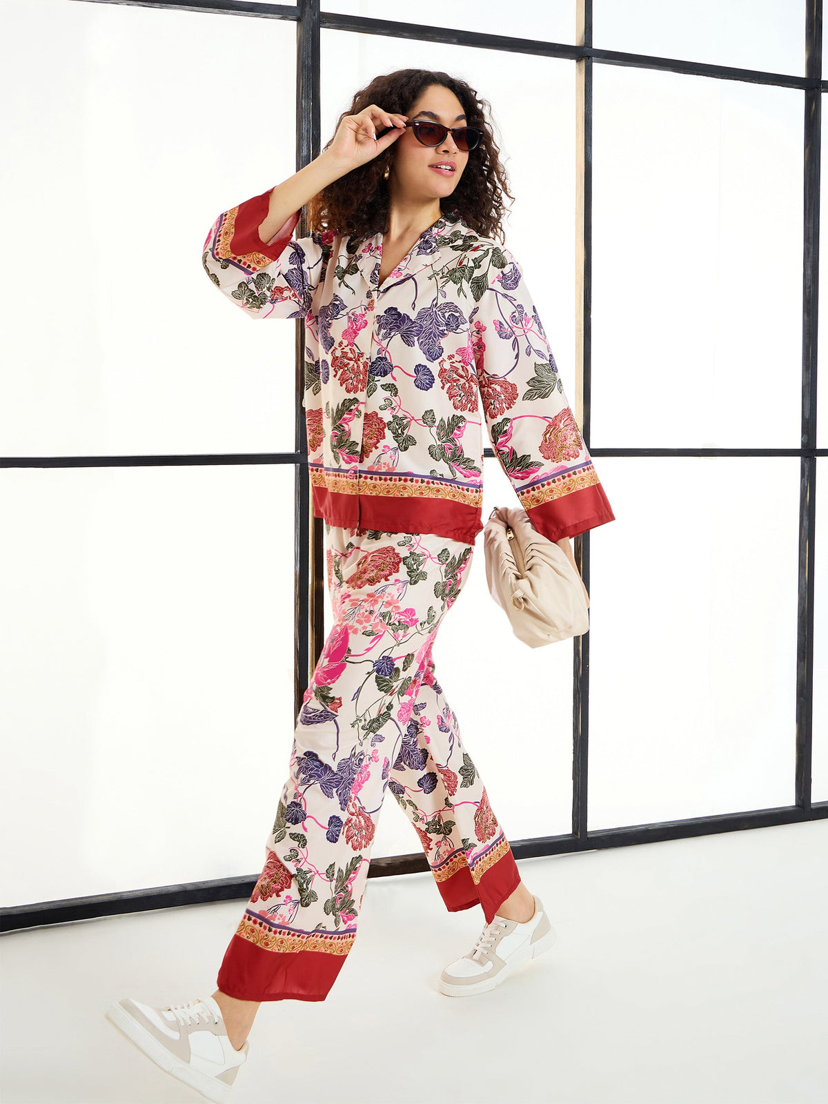 White Floral Notch Collar Shirt With Lounge Pants-SASSAFRAS alt-laze