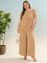 Beige Button Down Top With Straight Pants-SASSAFRAS Curve