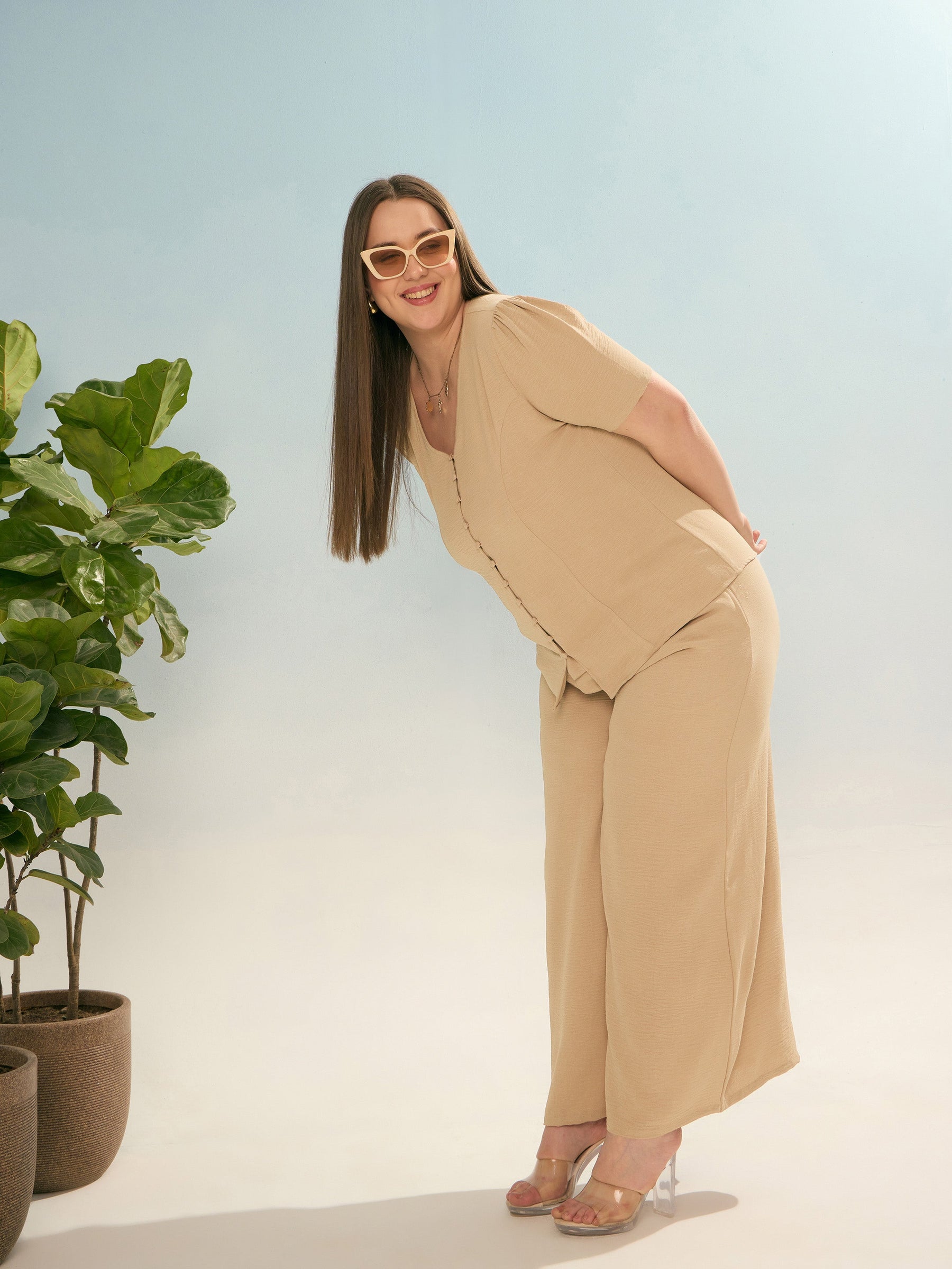 Beige Button Down Top With Straight Pants-SASSAFRAS Curve
