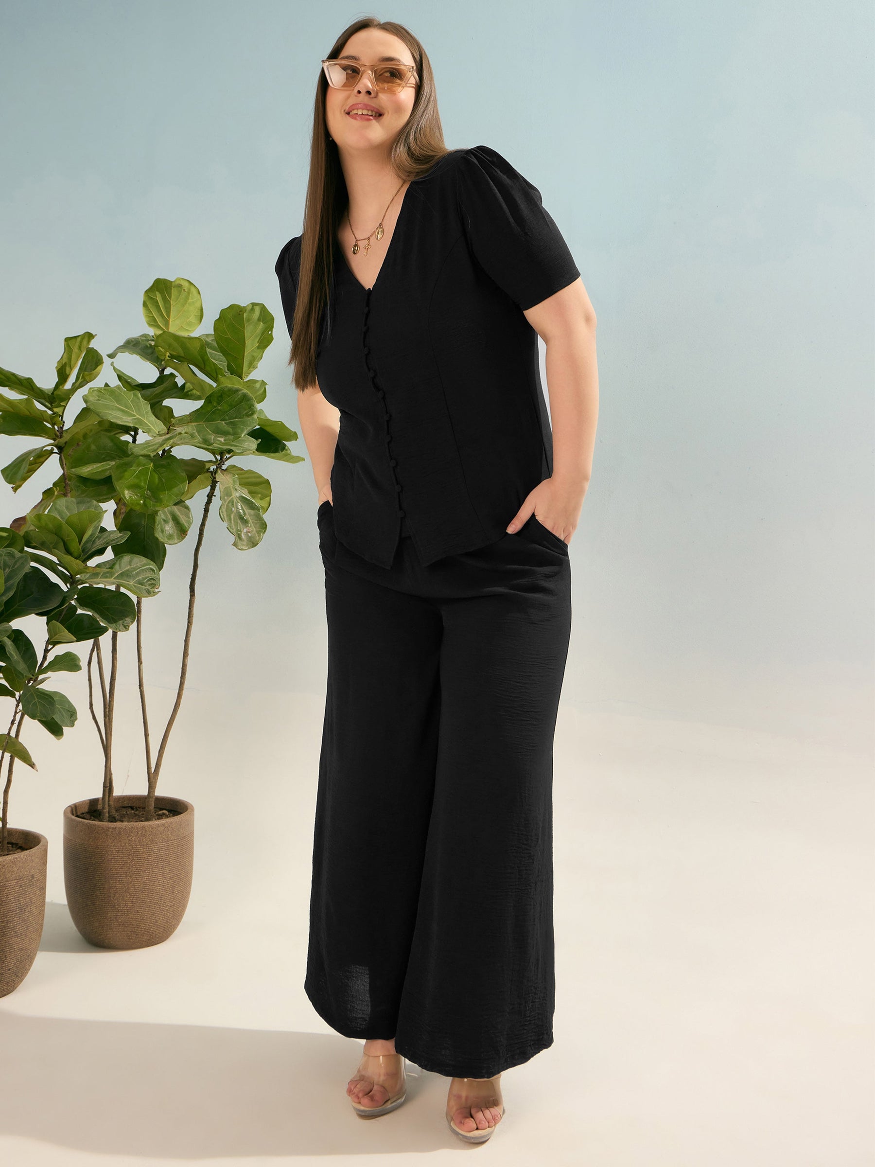 Black Button Down Top with Straight Pants-SASSAFRAS Curve