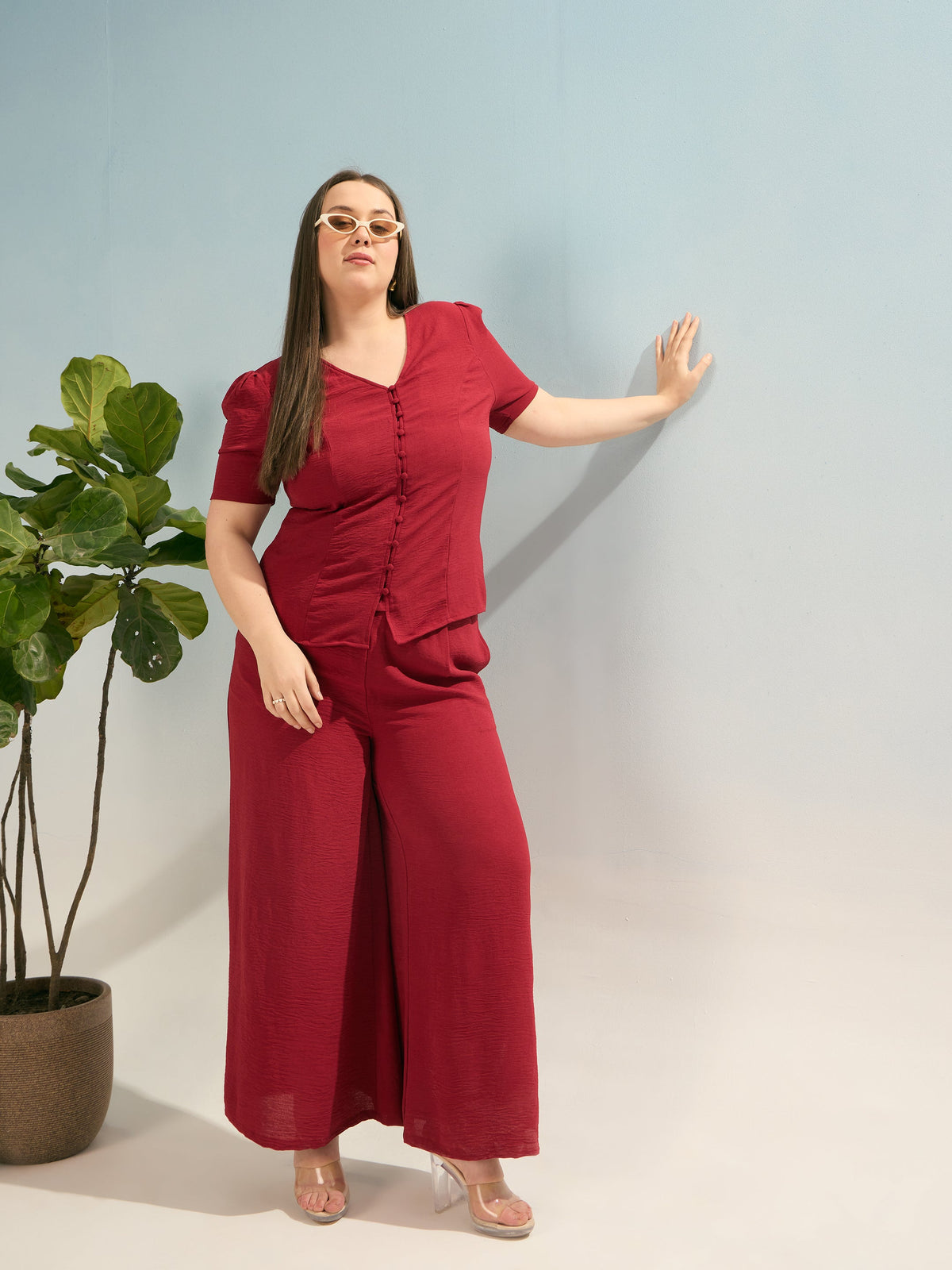 Maroon Button Down Top With Straight Pants-SASSAFRAS Curve