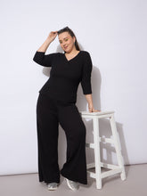 Black Rib Straight Pants With V Neck Top -SASSAFRAS Curve