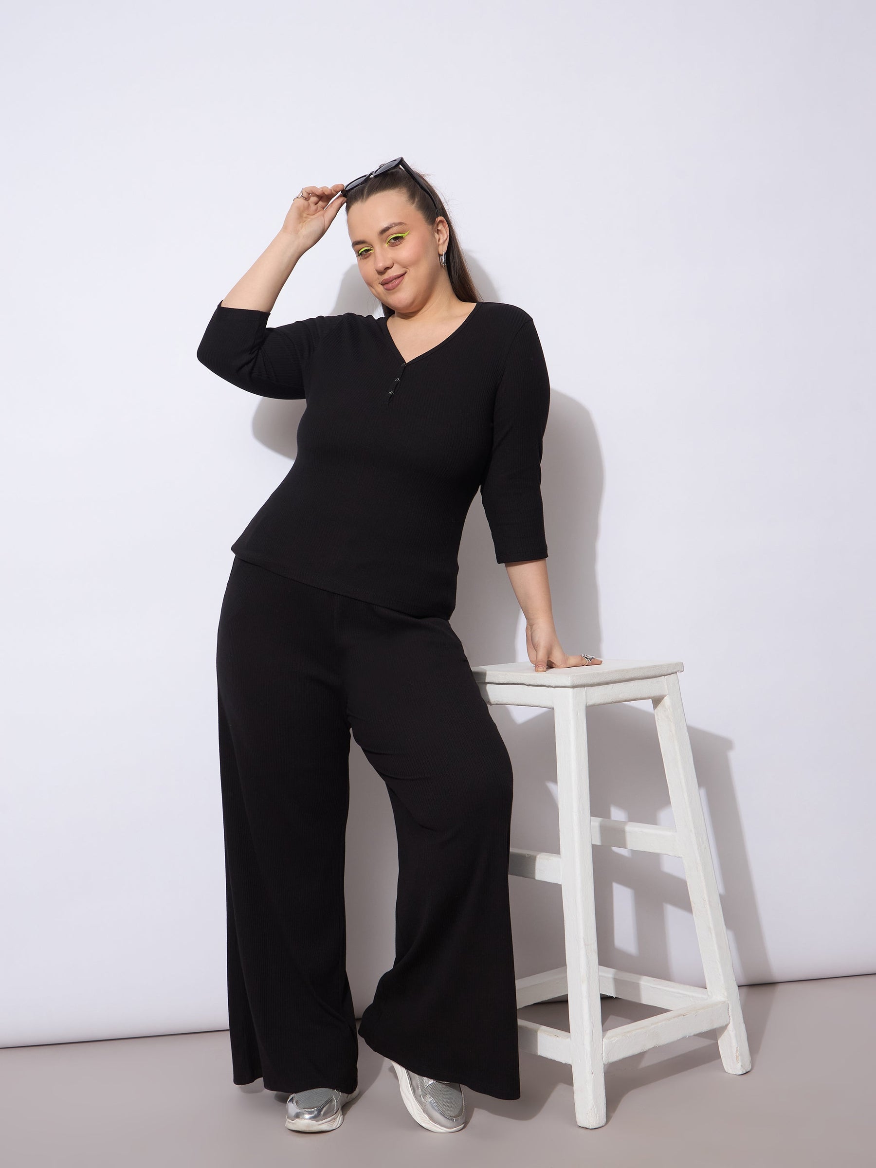 Black Rib Straight Pants With V Neck Top -SASSAFRAS Curve
