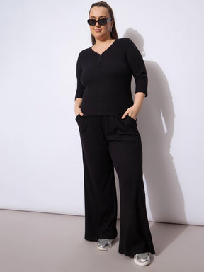 Black Rib Straight Pants With V Neck Top -SASSAFRAS Curve