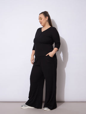 Black Rib Straight Pants With V Neck Top -SASSAFRAS Curve