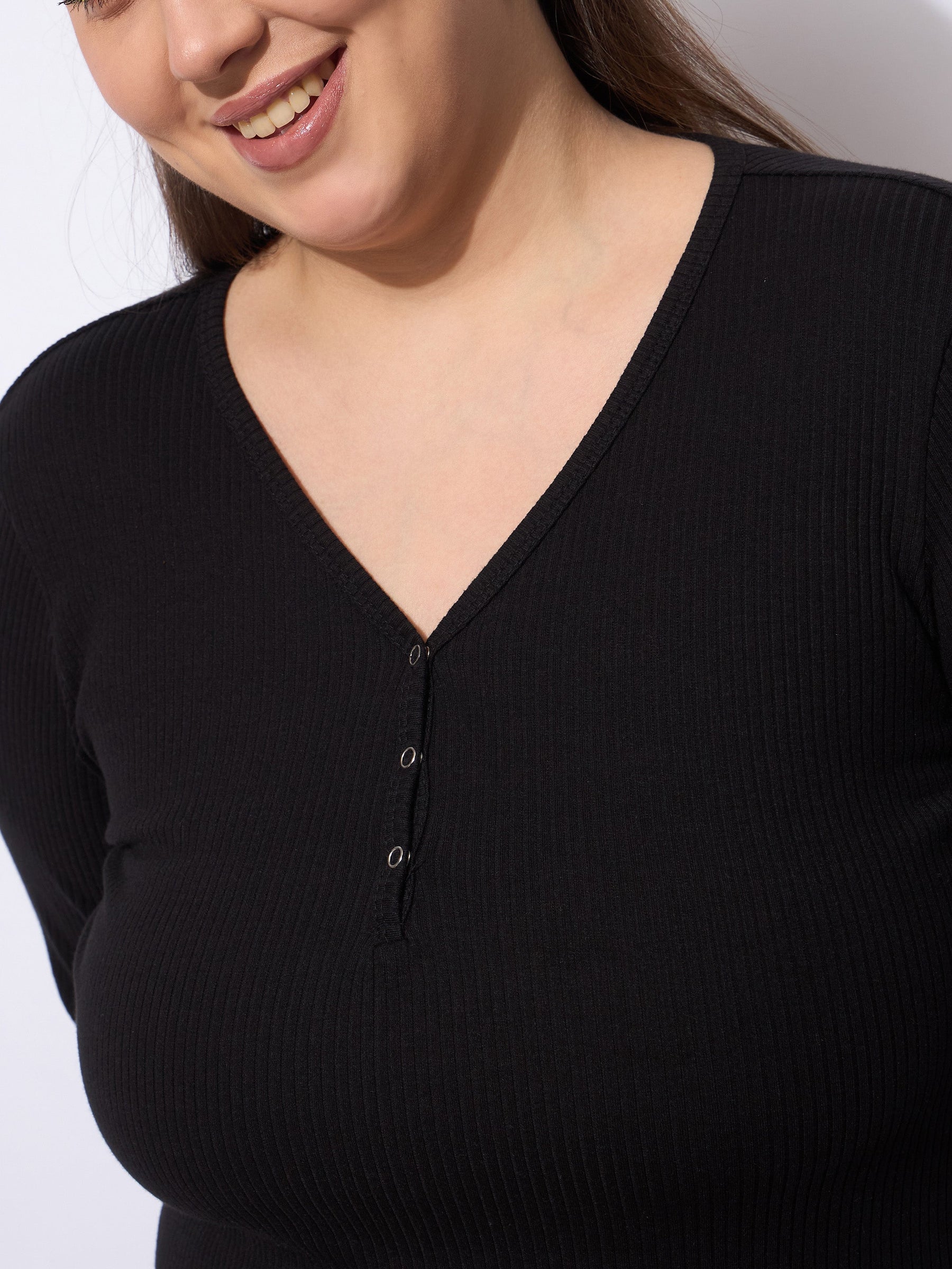 Black Rib Straight Pants With V Neck Top -SASSAFRAS Curve