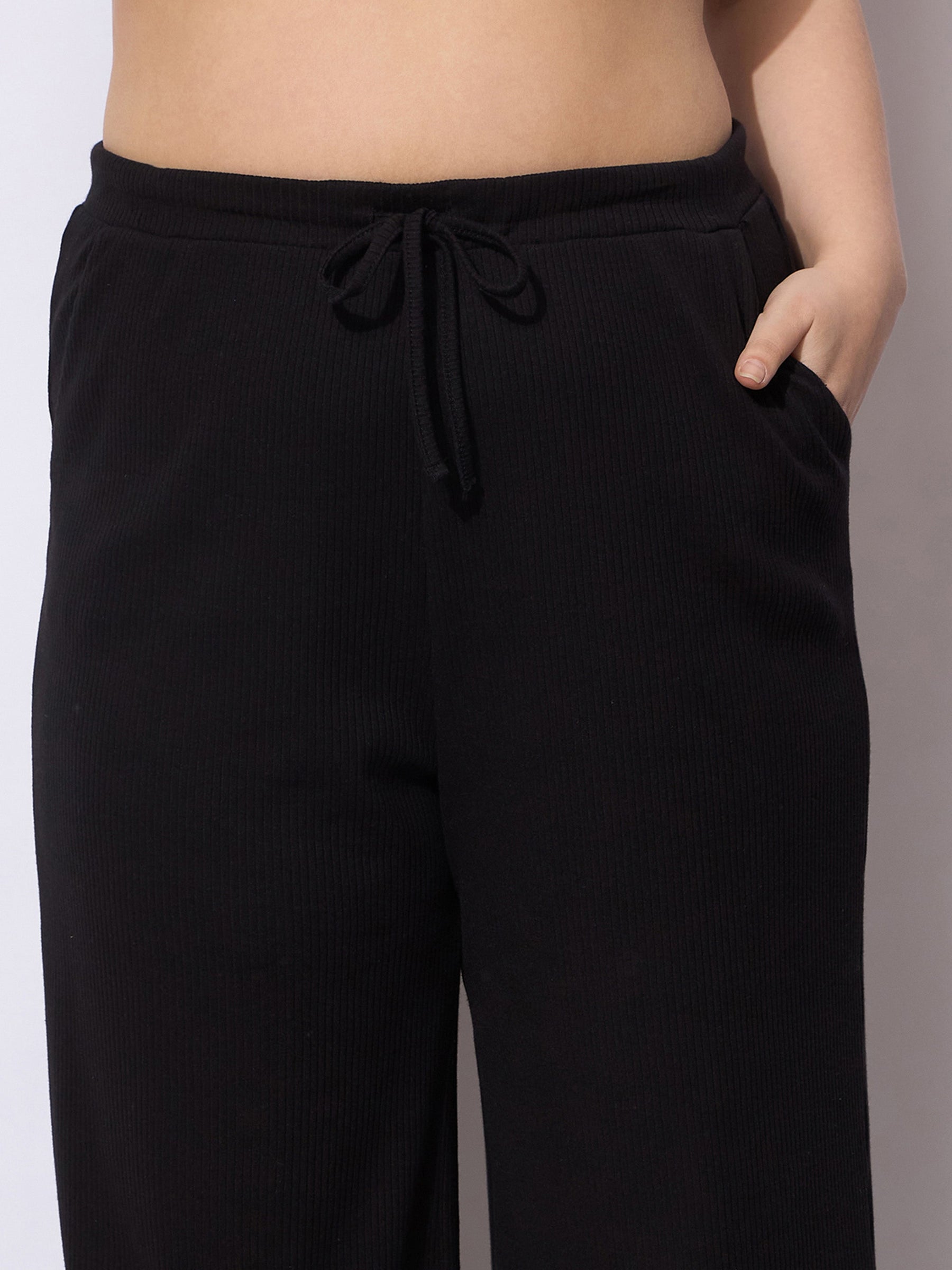 Black Rib Straight Pants With V Neck Top -SASSAFRAS Curve