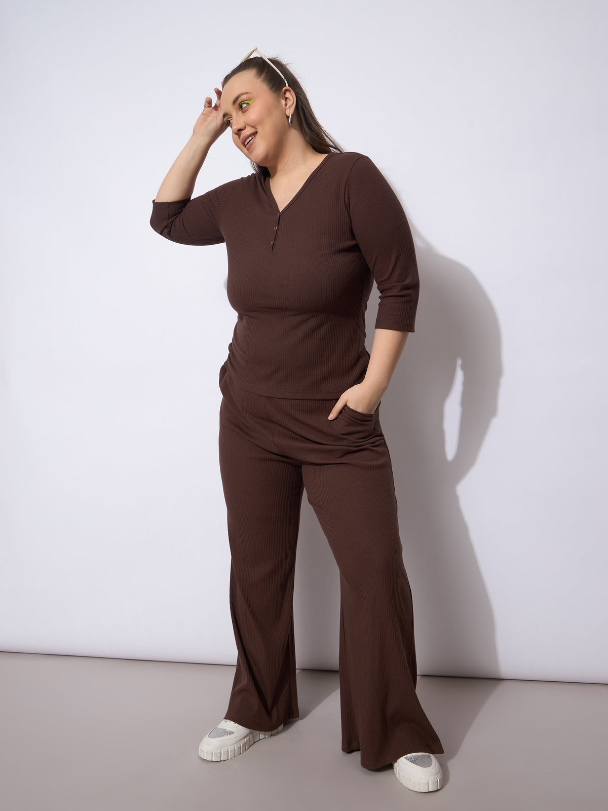 Dark Brown Rib Straight Pants With V Neck Top -SASSAFRAS Curve
