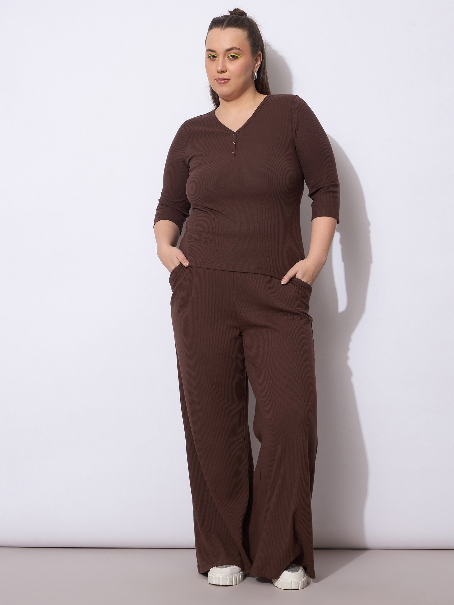 Dark Brown Rib Straight Pants With V Neck Top -SASSAFRAS Curve