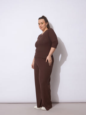 Dark Brown Rib Straight Pants With V Neck Top -SASSAFRAS Curve
