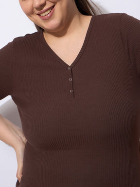 Dark Brown Rib Straight Pants With V Neck Top -SASSAFRAS Curve