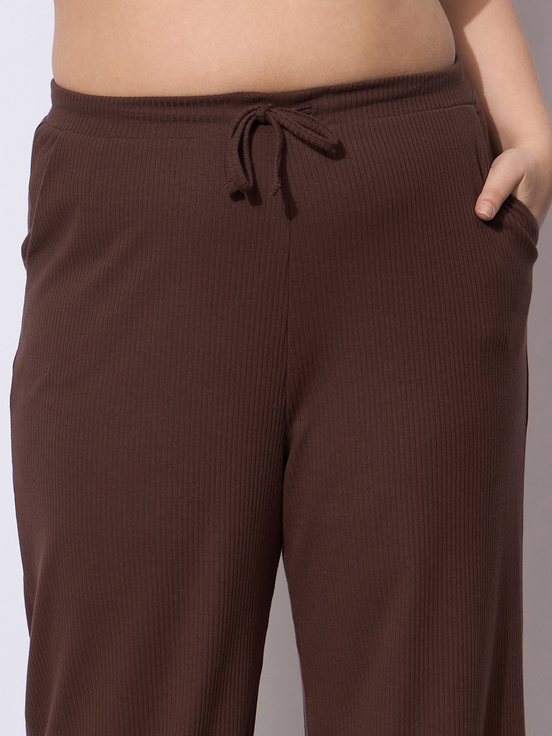 Dark Brown Rib Straight Pants With V Neck Top -SASSAFRAS Curve