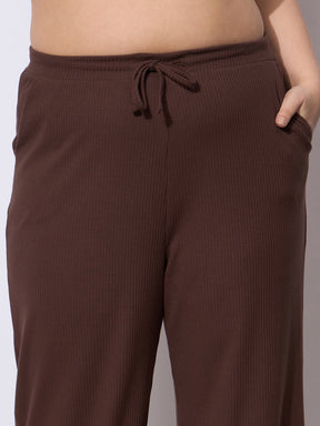 Dark Brown Rib Straight Pants With V Neck Top -SASSAFRAS Curve