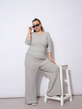 Grey Rib Straight Pants With V Neck Top -SASSAFRAS Curve