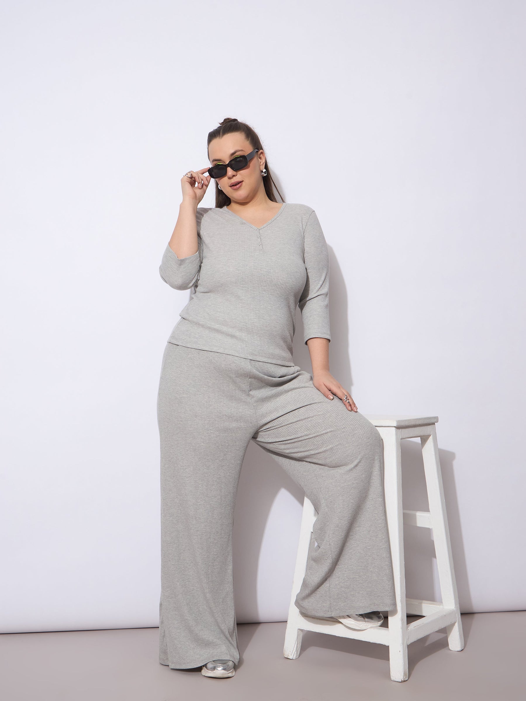 Grey Rib Straight Pants With V Neck Top -SASSAFRAS Curve