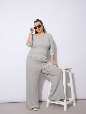 Grey Rib Straight Pants With V Neck Top -SASSAFRAS Curve
