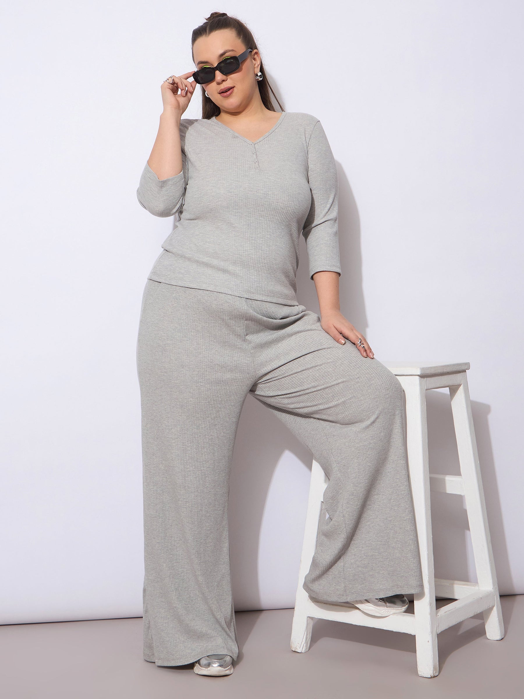 Grey Rib Straight Pants With V Neck Top -SASSAFRAS Curve