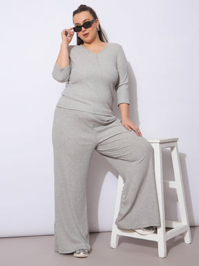 Grey Rib Straight Pants With V Neck Top -SASSAFRAS Curve