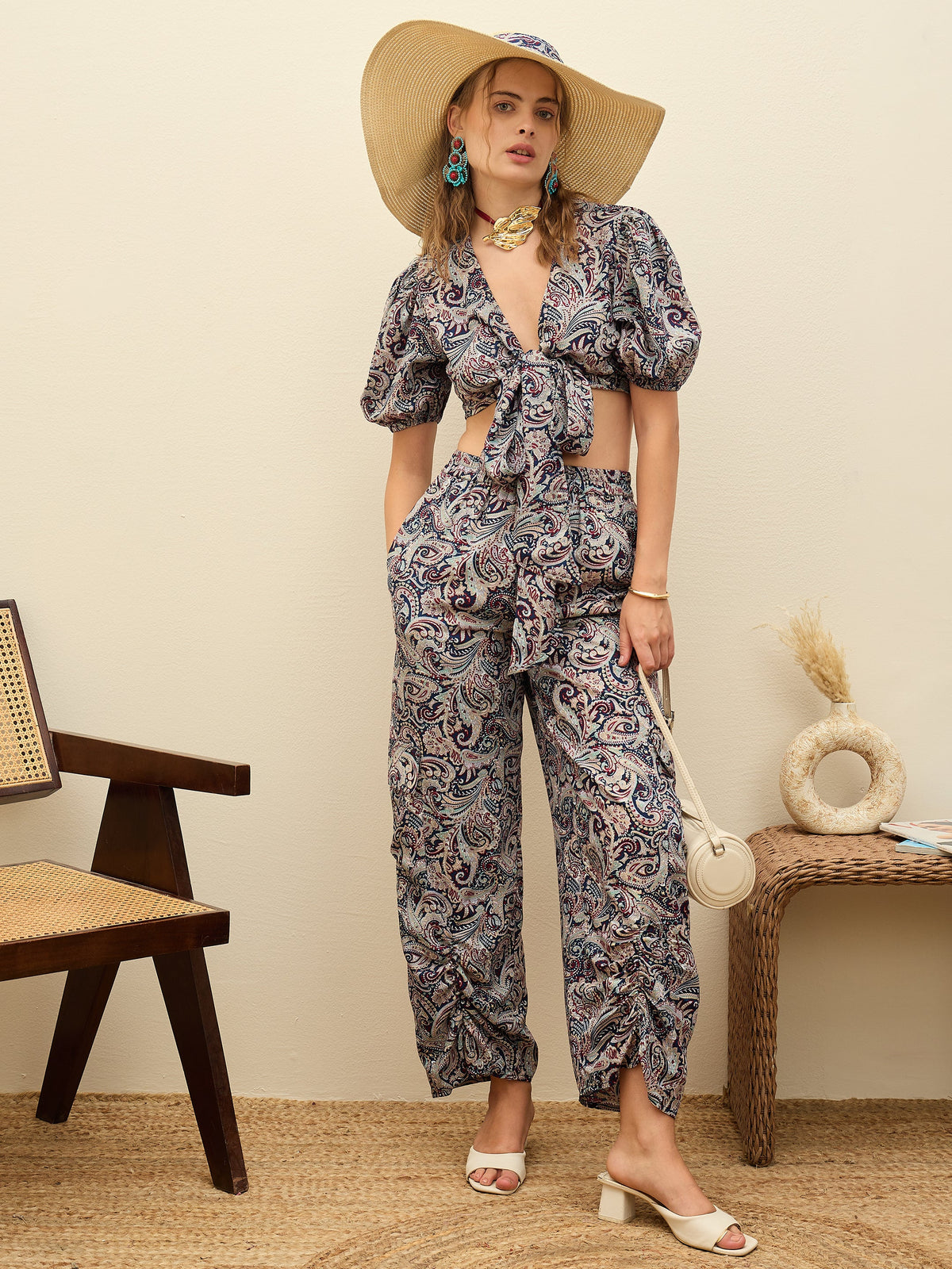 Navy Blue Paisley Printed Crop Top With Joggers-SASSAFRAS