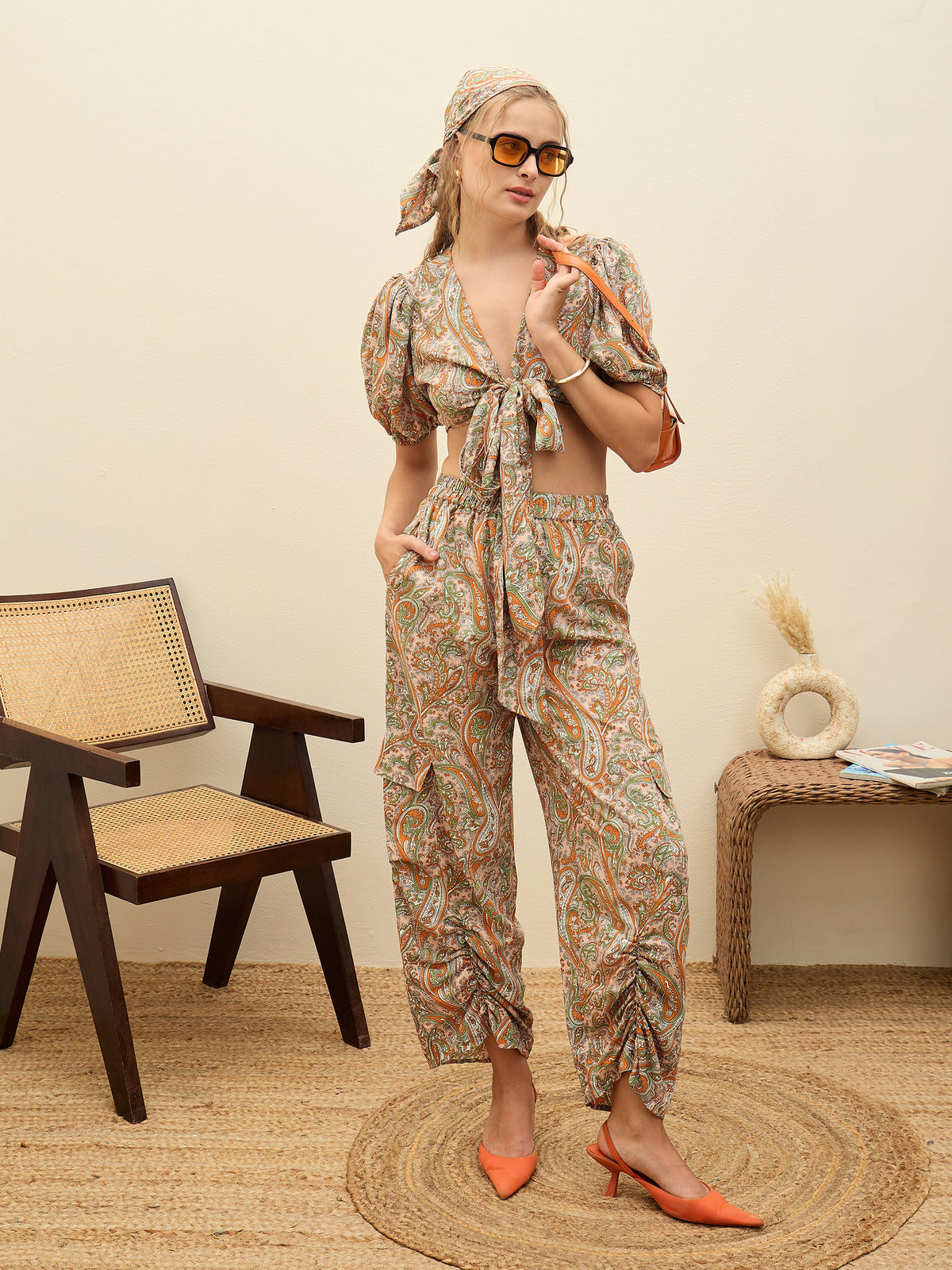 Peach Paisley Printed Crop Top With Joggers-SASSAFRAS