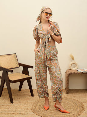 Peach Paisley Printed Crop Top With Joggers-SASSAFRAS