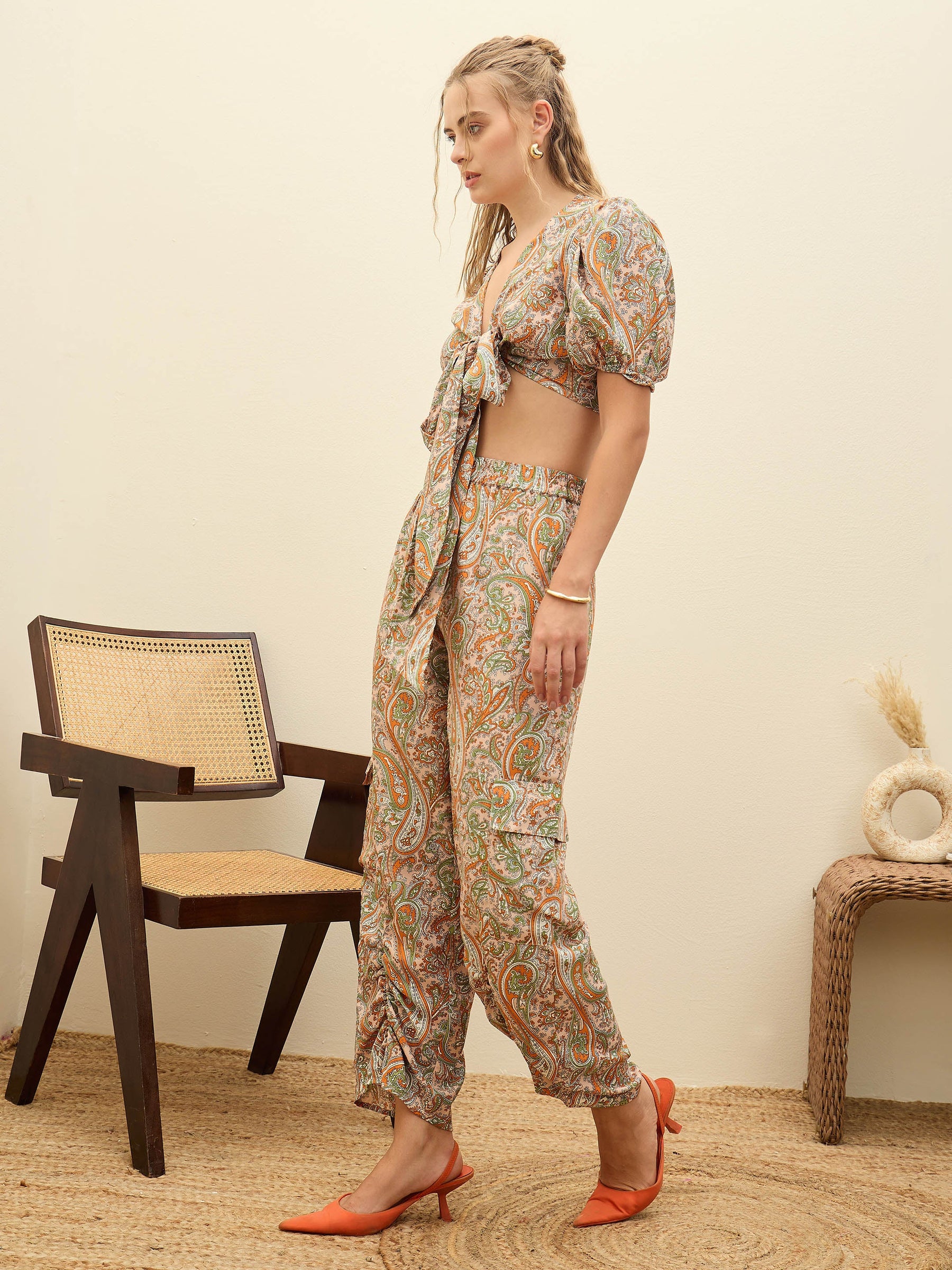 Peach Paisley Printed Crop Top With Joggers-SASSAFRAS