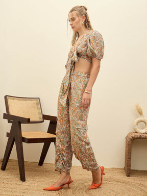 Peach Paisley Printed Crop Top With Joggers-SASSAFRAS