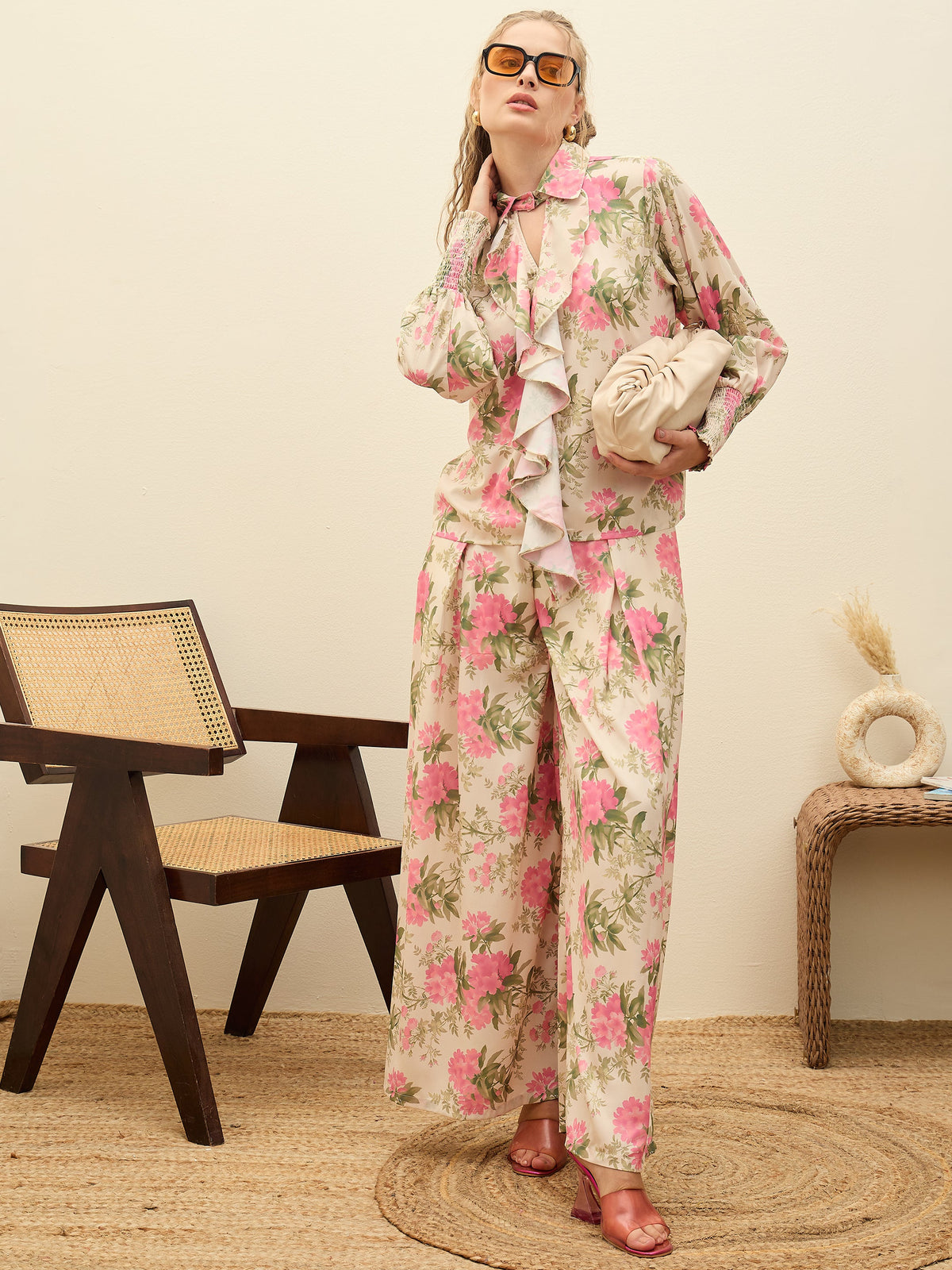 Beige Floral Top With Flared Pants-SASSAFRAS
