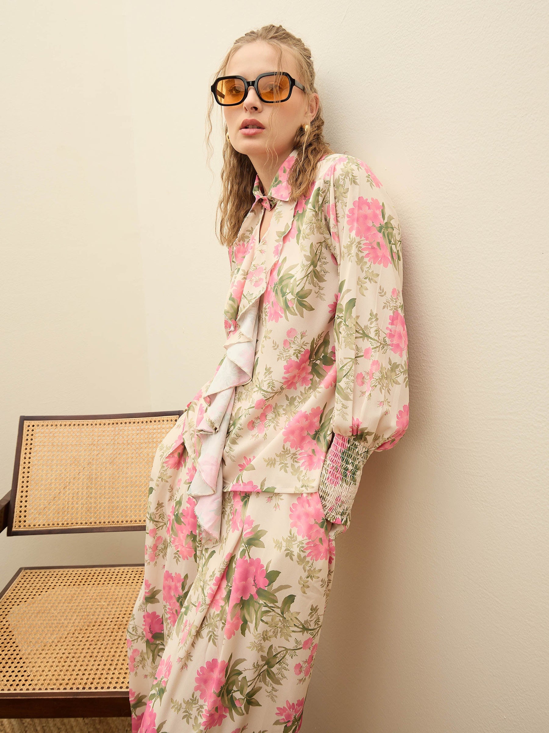 Beige Floral Top With Flared Pants-SASSAFRAS