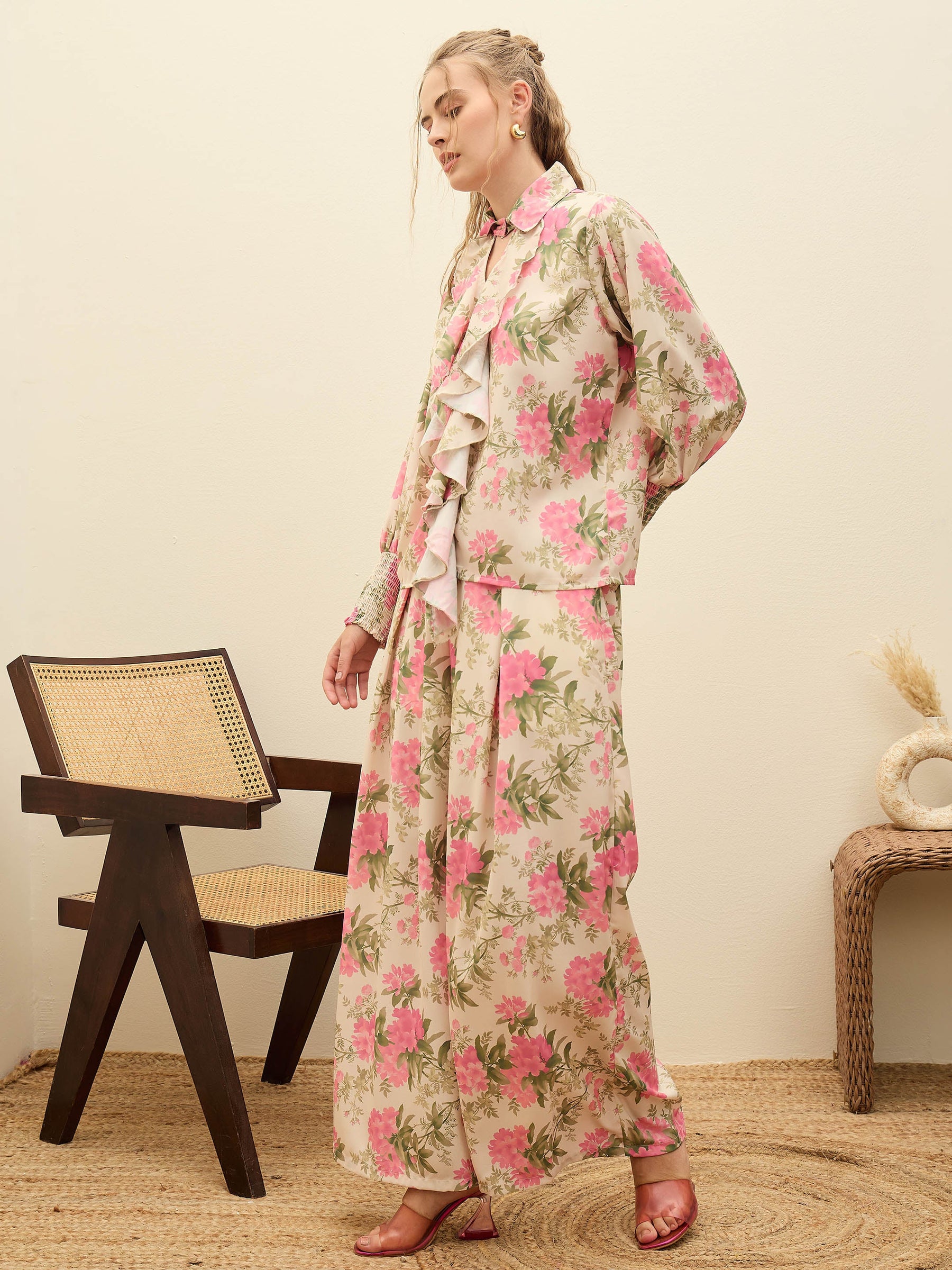 Beige Floral Top With Flared Pants-SASSAFRAS