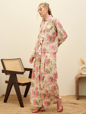 Beige Floral Top With Flared Pants-SASSAFRAS