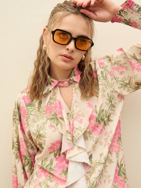 Beige Floral Top With Flared Pants-SASSAFRAS