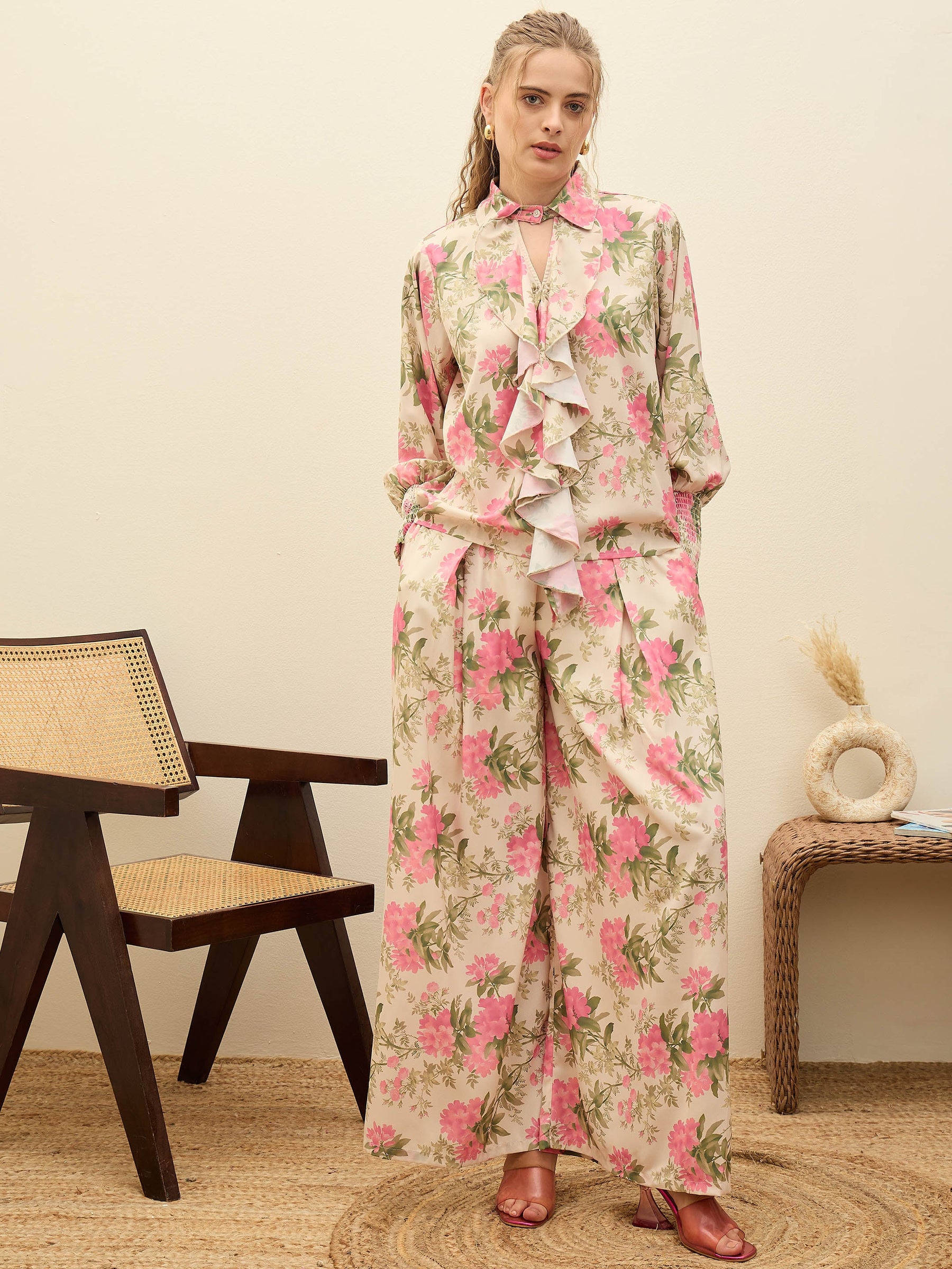 Beige Floral Top With Flared Pants-SASSAFRAS