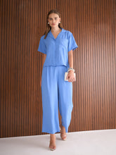 Blue Notch Collar Top With Straight Pants-SASSAFRAS