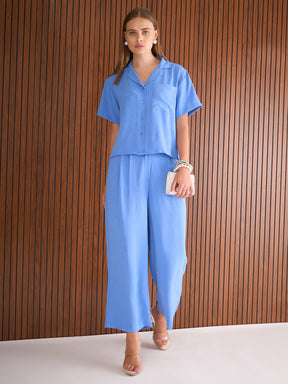 Blue Notch Collar Top With Straight Pants-SASSAFRAS