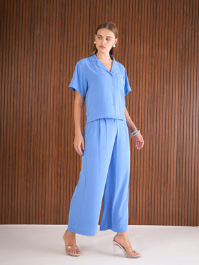 Blue Notch Collar Top With Straight Pants-SASSAFRAS