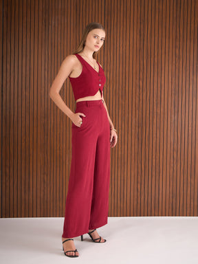Maroon Waistcoat Top With Straight Pants-SASSAFRAS