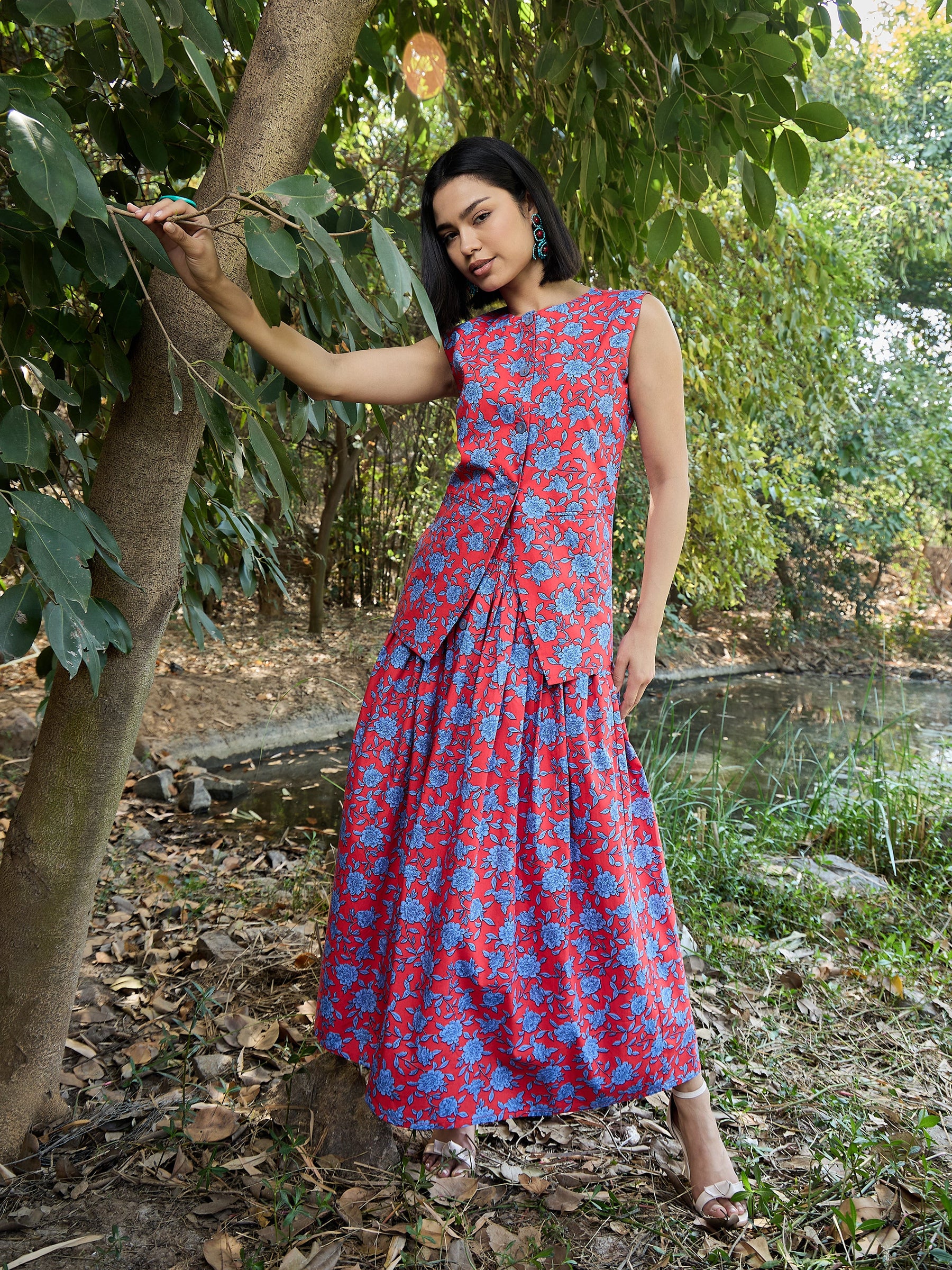 Red & Blue Floral Vest Top With Gathered Skirt -Pink Paprika By SASSAFRAS
