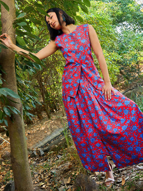 Red & Blue Floral Vest Top With Gathered Skirt -Pink Paprika By SASSAFRAS