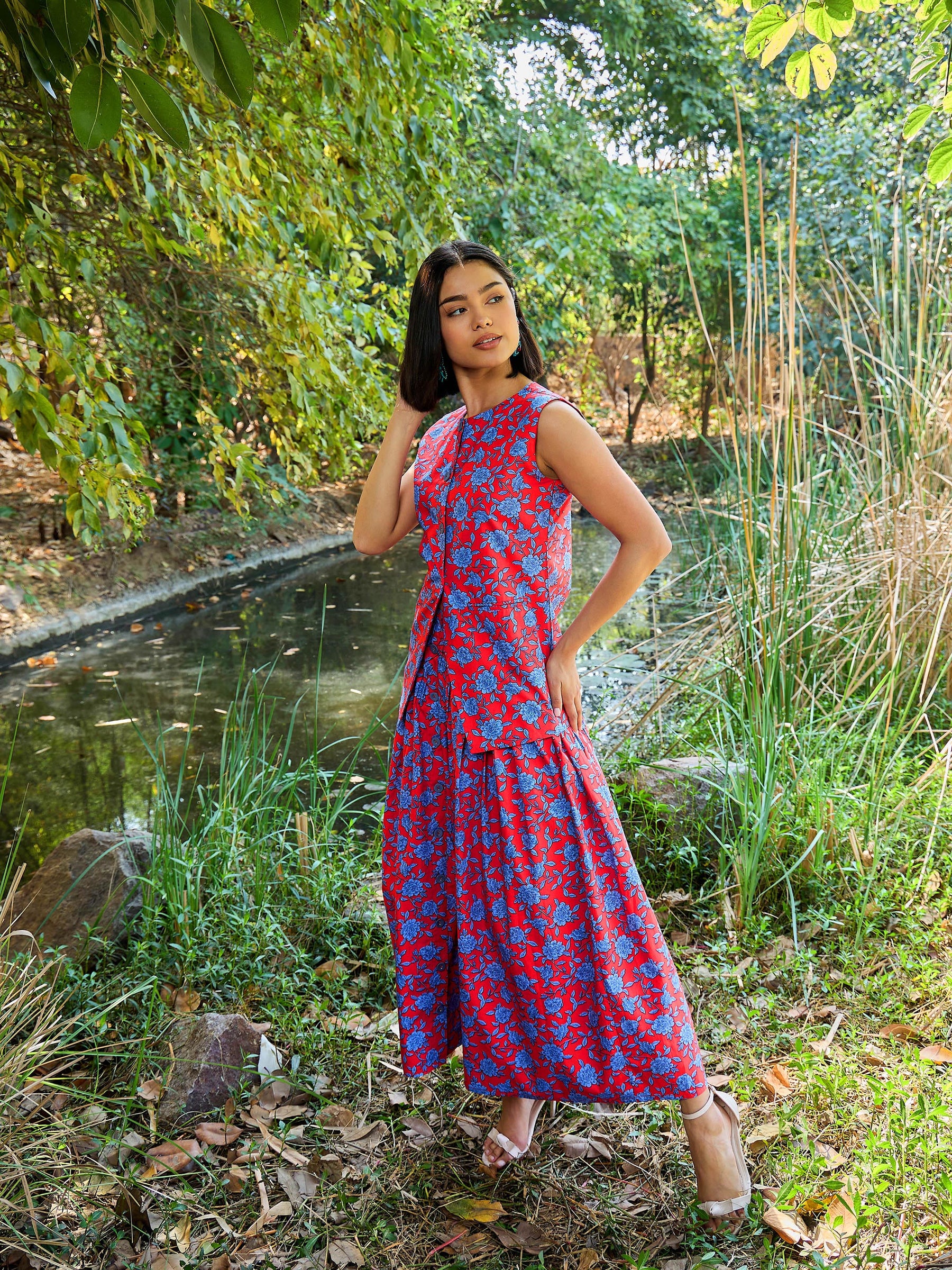Red & Blue Floral Vest Top With Gathered Skirt -Pink Paprika By SASSAFRAS