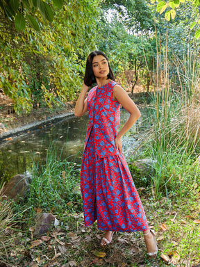 Red & Blue Floral Vest Top With Gathered Skirt -Pink Paprika By SASSAFRAS