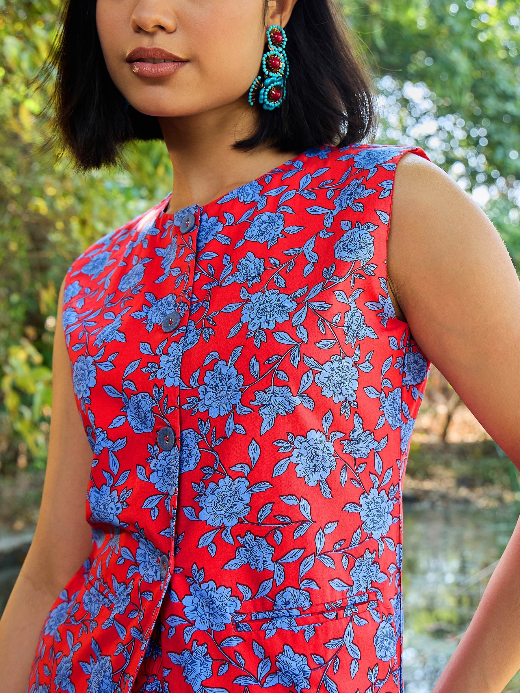 Red & Blue Floral Vest Top With Gathered Skirt -Pink Paprika By SASSAFRAS