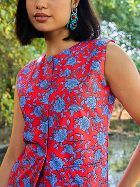 Red & Blue Floral Vest Top With Gathered Skirt -Pink Paprika By SASSAFRAS