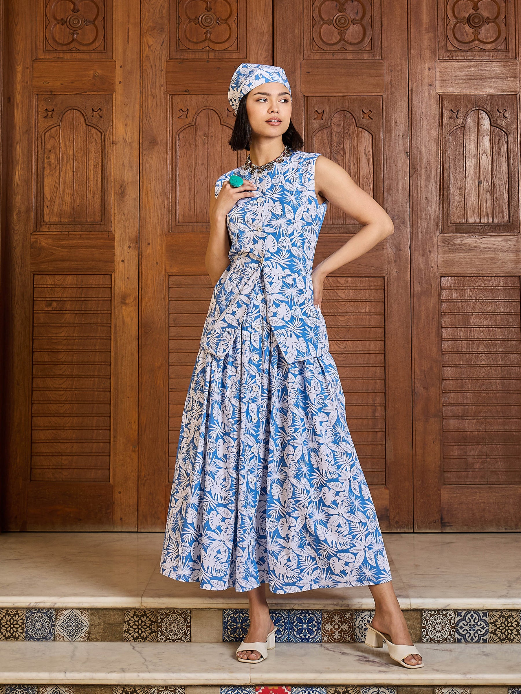 Blue & White Floral Vest Top With Gathered Skirt -Pink Paprika By SASSAFRAS