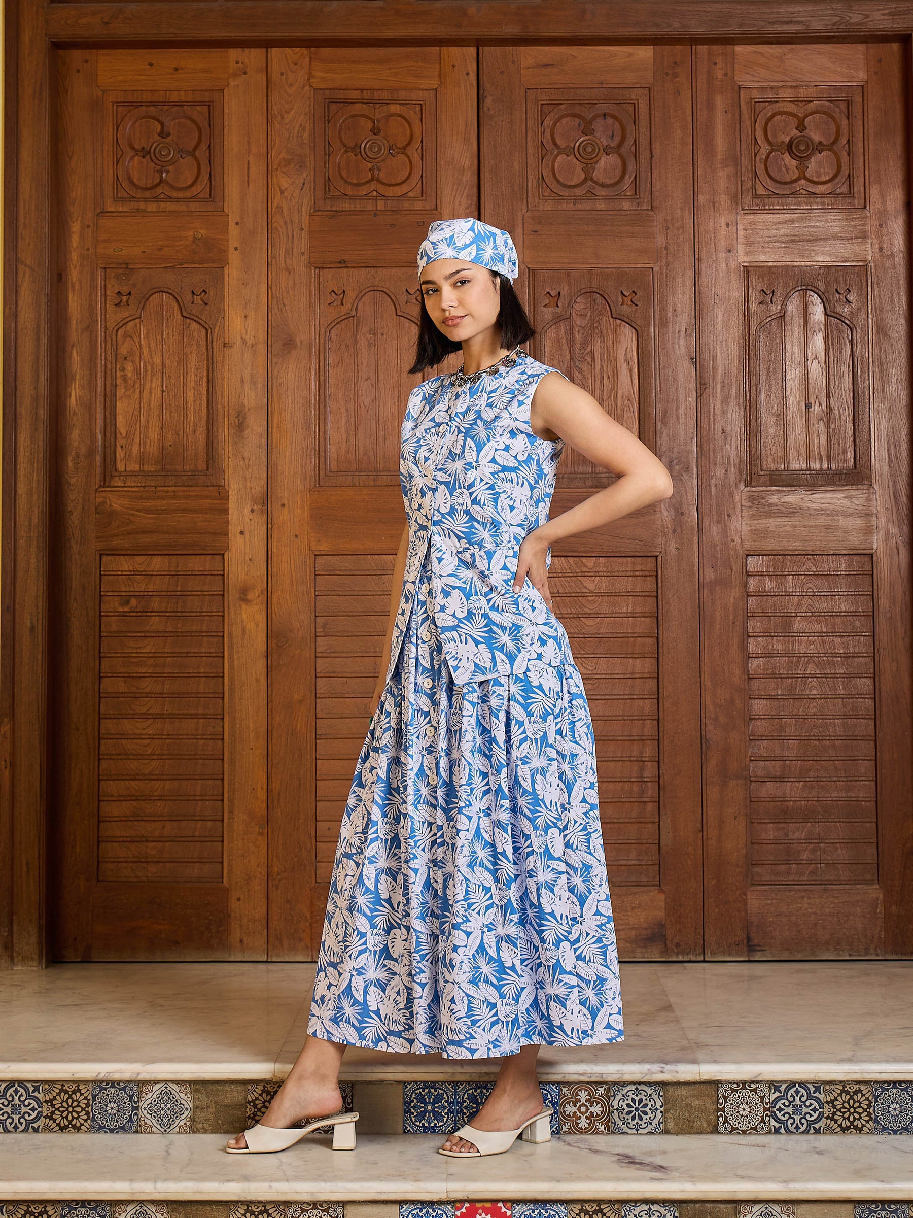 Blue & White Floral Vest Top With Gathered Skirt -Pink Paprika By SASSAFRAS