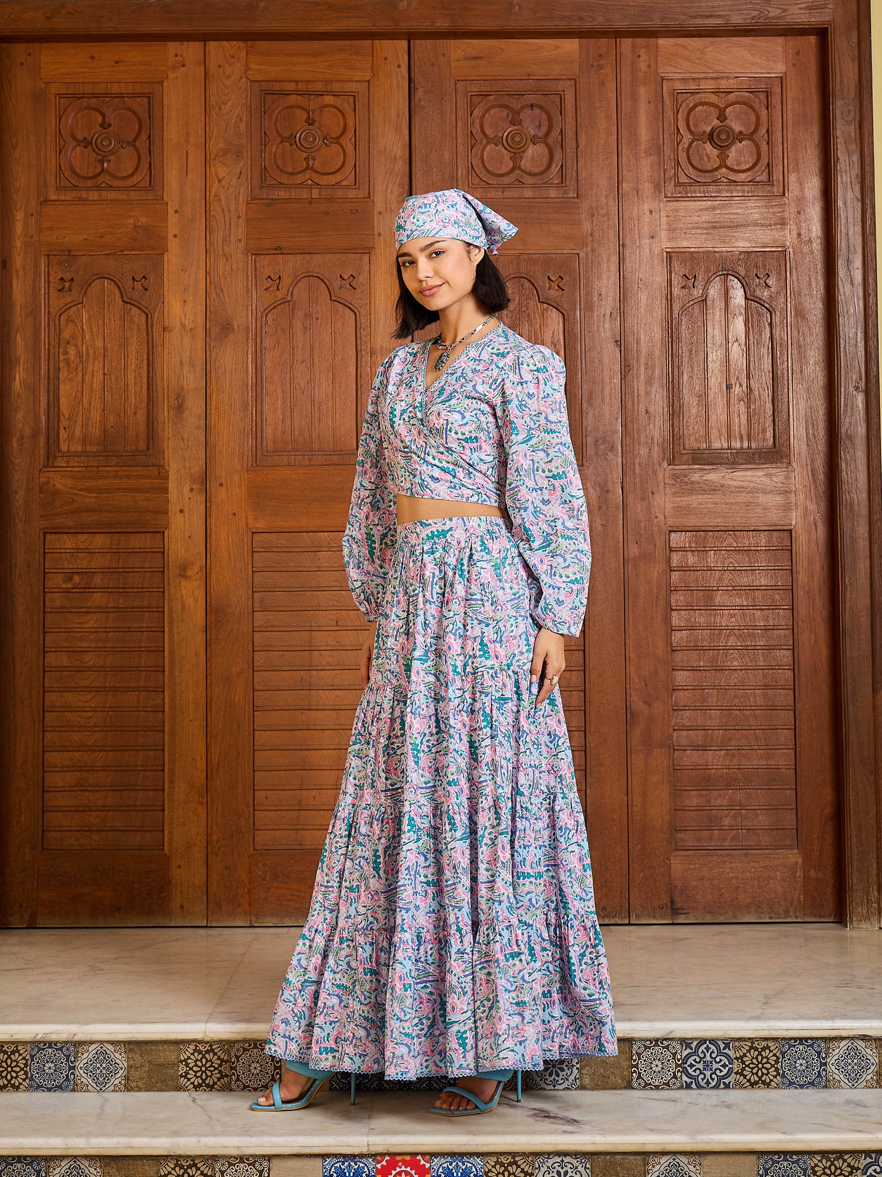 Blue Paisley Wrap Top With Tiered Skirt -Pink Paprika By SASSAFRAS