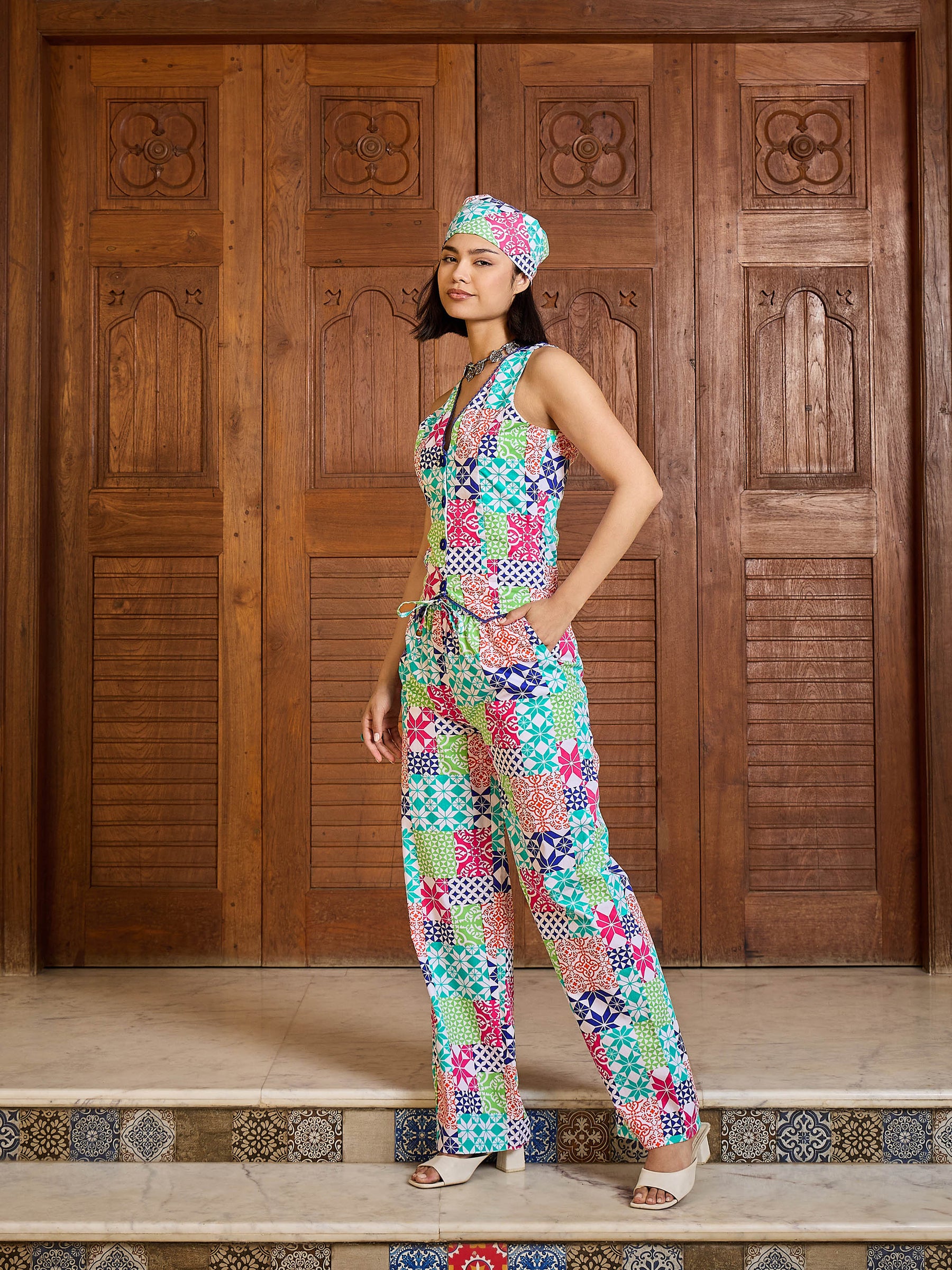 White Multi Geometric Vest Top With Pants -Pink Paprika By SASSAFRAS