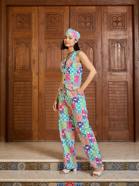 White Multi Geometric Vest Top With Pants -Pink Paprika By SASSAFRAS