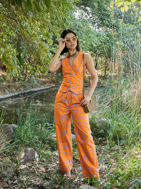 Grey & Orange Floral Vest Top With Pants -Pink Paprika By SASSAFRAS