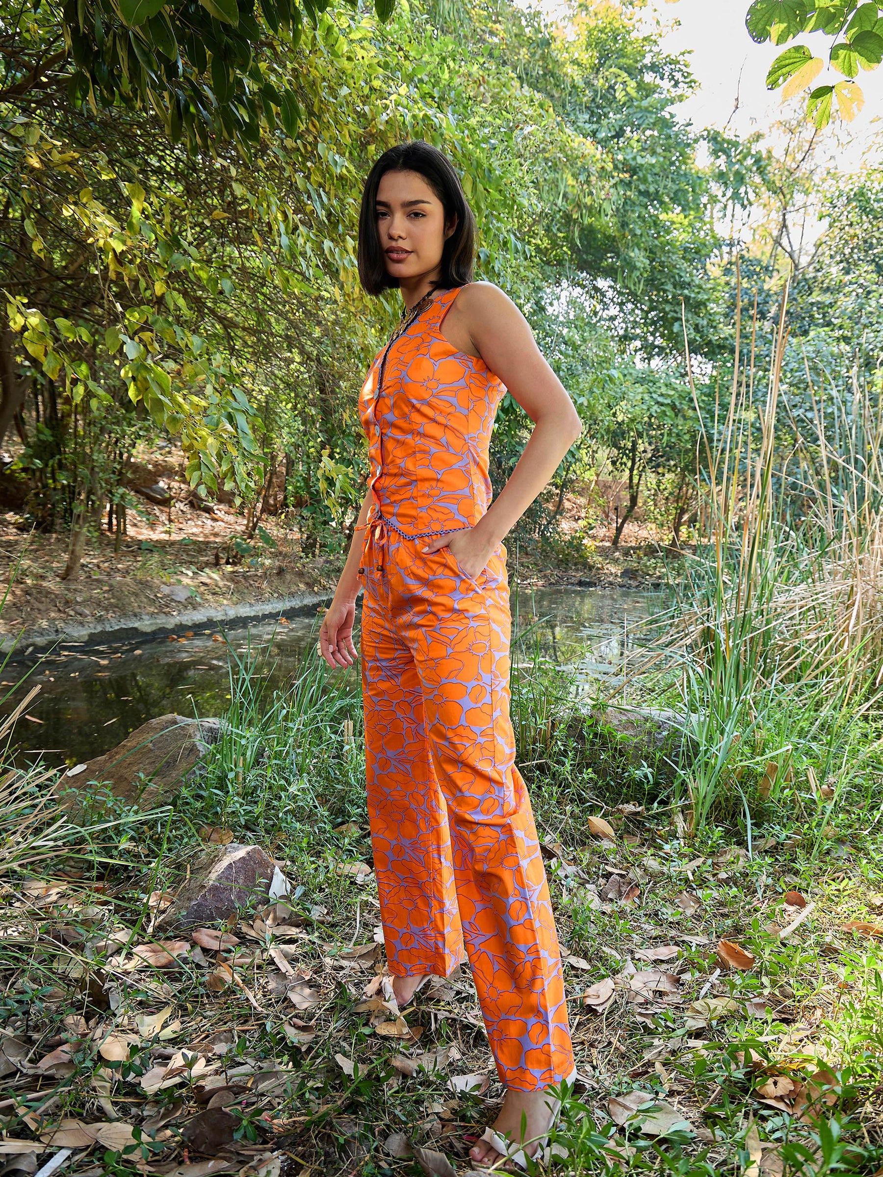 Grey & Orange Floral Vest Top With Pants -Pink Paprika By SASSAFRAS
